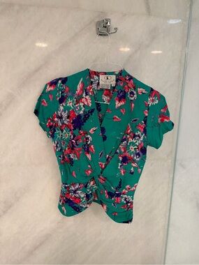 Floral Teal Twist-Front Blouse by Priscilla Young